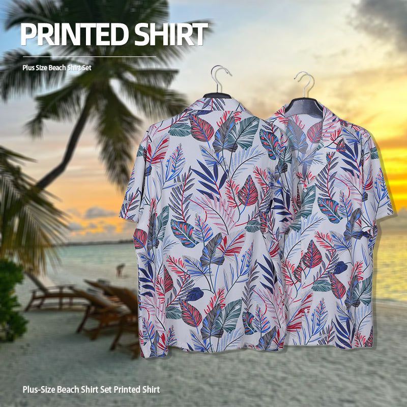 Plus-size beach shirt set Printed shirt  Beach Short-Sleeved Holiday Two-Piece Set Ice-silk loose-fitting