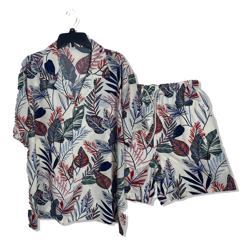 Plus-size beach shirt set Printed shirt  Beach Short-Sleeved Holiday Two-Piece Set Ice-silk loose-fitting