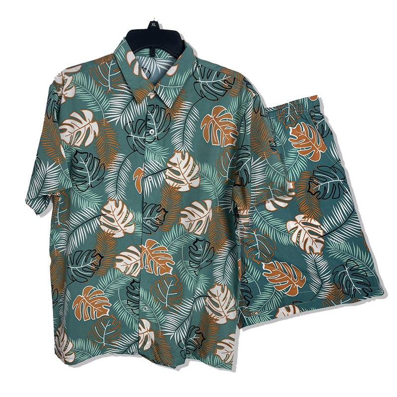 Plus-size beach shirt set Printed shirt  Beach Short-Sleeved Holiday Two-Piece Set Ice-silk loose-fitting