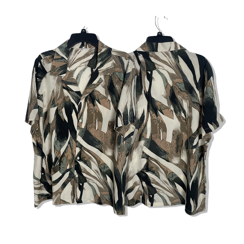 Plus-size beach shirt set Printed shirt  Beach Short-Sleeved Holiday Two-Piece Set Ice-silk loose-fitting