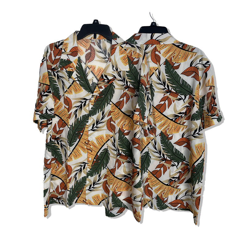 Plus-size beach shirt set Printed shirt  Beach Short-Sleeved Holiday Two-Piece Set Ice-silk loose-fitting