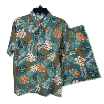 Plus-size beach shirt set Printed shirt  Beach Short-Sleeved Holiday Two-Piece Set Ice-silk loose-fitting