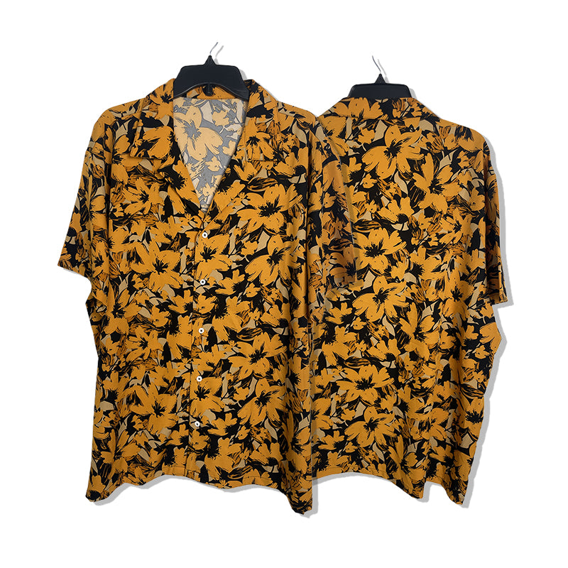 Plus-size beach shirt Printed shirt Yellow background with black flowers